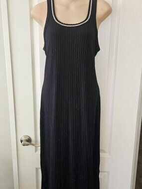 Black Ribbed Midi Dress Beaded Neckline Bodycon Minimalist Chic